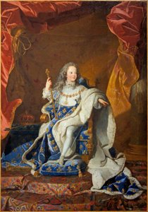 Retrato oficial de Louis XV em um terno de coroação de Studio of Hyacinthe Rigaud